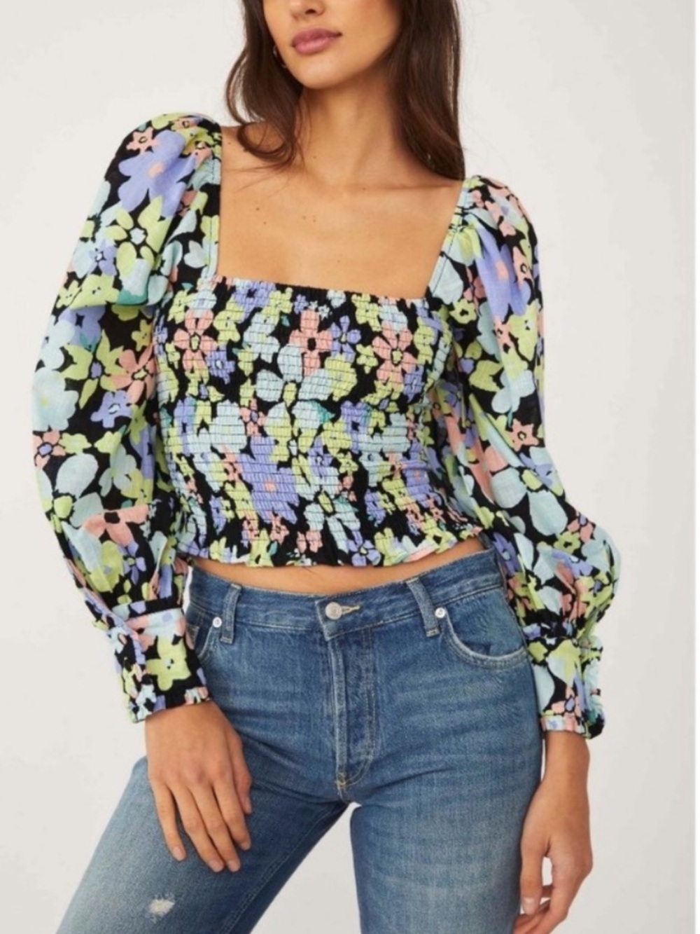 Free People Ariana Floral Printed Smocked Top